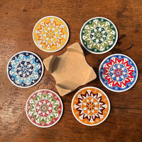 6 Ceramic Tile Coasters Hand Made in Greece - Picture 1 of 8